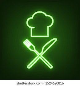 Chef with knife and fork sign. Green neon icon in the dark. Blurred lightening. Illustration.