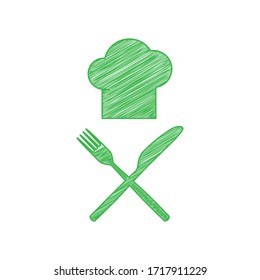 Chef con un signo de cuchillo y tenedor. Ícono de garabato verde con contorno sólido sobre fondo blanco.  Ilustración.