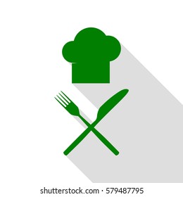 Chef with knife and fork sign. Green icon with flat style shadow path.