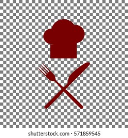 Chef with knife and fork sign. Maroon icon on transparent background.