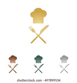 Chef with knife and fork sign. Metal icons on white backgound.