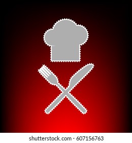 Chef with knife and fork sign. Postage stam or old photo style on red-black gradient background.