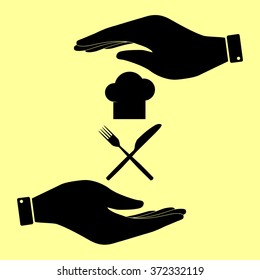 Chef with knife and fork sign. Save or protect symbol by hands.