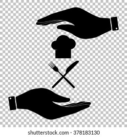 Chef with knife and fork sign. Save or protect symbol by hands.