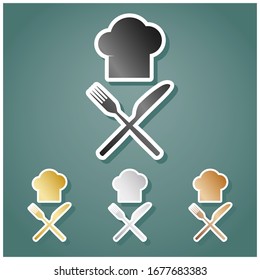 Chef with knife and fork sign. Set of metallic Icons with gray, gold, silver and bronze gradient with white contour and shadow at viridan background. Illustration.