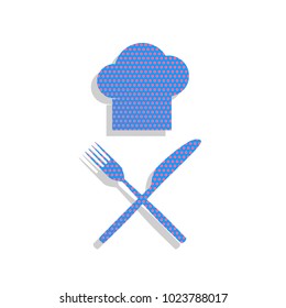 Chef with knife and fork sign. Vector. Neon blue icon with cyclamen polka dots pattern with light gray shadow on white background. Isolated.