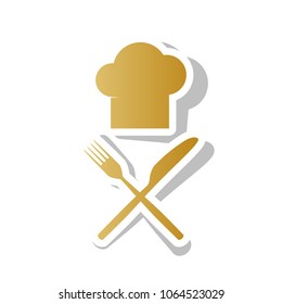 Chef with knife and fork sign. Vector. Golden gradient icon with white contour and rotated gray shadow at white background.