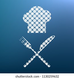 Chef with knife and fork sign. Vector. White textured icon at lapis lazuli gradient background.