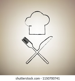 Chef with knife and fork sign. Vector. Brush drawed black icon at light brown background.