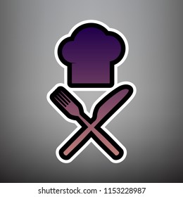 Chef with knife and fork sign. Vector. Violet gradient icon with black and white linear edges at gray background.