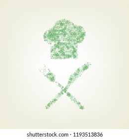 Chef with knife and fork sign. Vector. Green hexagon rastered icon and noised opacity and size at light green background with central light.