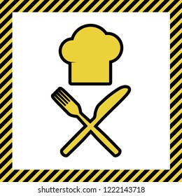 Chef with knife and fork sign. Vector. Warm yellow icon with black contour in frame named as under construction at white background. Isolated.