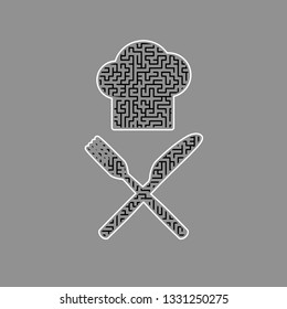 Chef with knife and fork sign. Vector. Black maze filled icon with white border at gray background.