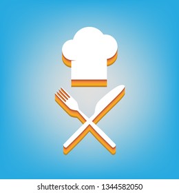 Chef with knife and fork sign. Vector. White icon with 3d warm-colored gradient body at sky blue background.