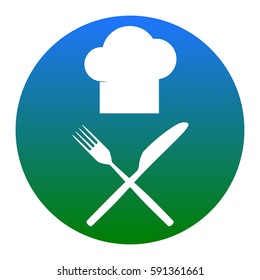 Chef with knife and fork sign. Vector. White icon in bluish circle on white background. Isolated.