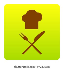 Chef with knife and fork sign. Vector. Brown icon at green-yellow gradient square with rounded corners on white background. Isolated.