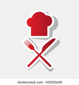 Chef with knife and fork sign. Vector. New year reddish icon with outside stroke and gray shadow on light gray background.