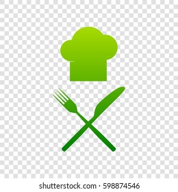 Chef with knife and fork sign. Vector. Green gradient icon on transparent background.