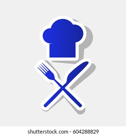 Chef with knife and fork sign. Vector. New year bluish icon with outside stroke and gray shadow on light gray background.