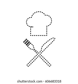 Chef with knife and fork sign. Vector. Black dashed icon on white background. Isolated.