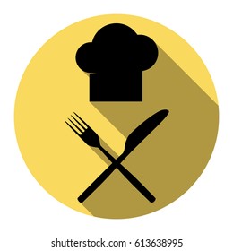 Chef with knife and fork sign. Vector. Flat black icon with flat shadow on royal yellow circle with white background. Isolated.