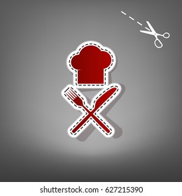 Chef with knife and fork sign. Vector. Red icon with for applique from paper with shadow on gray background with scissors.