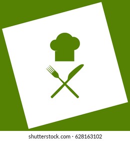 Chef with knife and fork sign. Vector. White icon obtained as a result of subtraction rotated square and path. Avocado background.