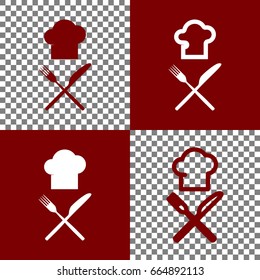 Chef with knife and fork sign. Vector. Bordo and white icons and line icons on chess board with transparent background.