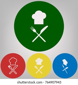 Chef with knife and fork sign. Vector. 4 white styles of icon at 4 colored circles on light gray background.