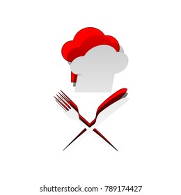 Chef with knife and fork sign. Vector. Detachable paper icon with red body stock. Isolated.