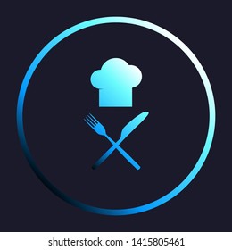 Chef with knife and fork sign. White, cyan and blue gradient icon as round button in white shell at dark blue background. Illustration.