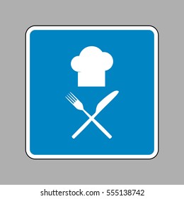 Chef with knife and fork sign. White icon on blue sign as background.