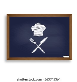 Chef with knife and fork sign. White chalk icon on blue school board with shadow as background. Isolated.