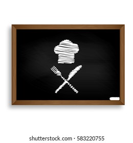Chef with knife and fork sign. White chalk icon on black school 