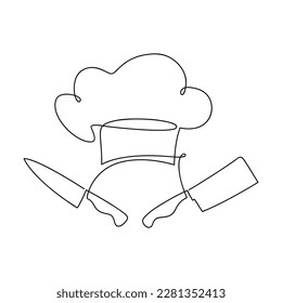 Chef knife and hat vector one line continuous drawing illustration. Hand drawn linear silhouette. Minimal outline design element for print, banner, card, brochure, poster, menu, logo.