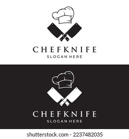Chef knife logo template, vintage butcher knife.Logo for business, badge,restaurant,butcher shop,cafe,brand and knife shop.