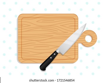 Chef knife on chopping board. Wooden cutting boards vector illustration, kitchen wood chopped place for bread, vegetables or fruits meal preparation top view