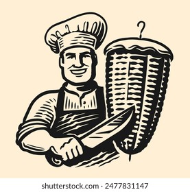 Chef with knife and skewer of meat shawarma. Street fast food, kebab emblem or logo. Vector illustration