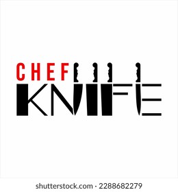 Diseño de palabras del chef Knife con la ilustración de un cuchillo del chef en las letras N, I, F y E.