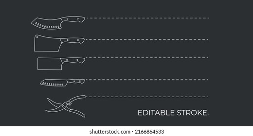 Chef knifes with cutting dotted line set. Editable stroke. Vector stock illustration isolated on black chalkboard background for design packaging, butcher shop. EPS10