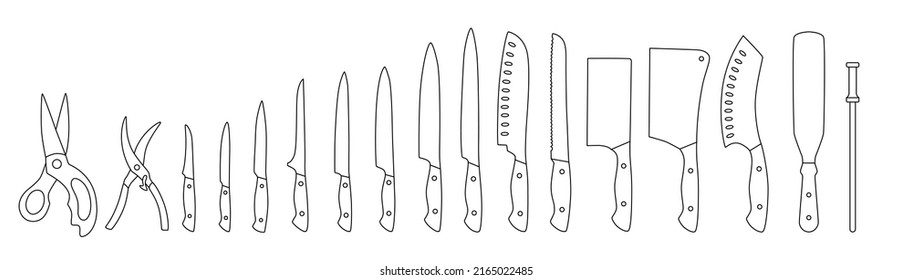 Chef knifes outline set. Editable stroke. Vector stock illustration isolated on white background for design packaging, logo, menu in restaurant. EPS10