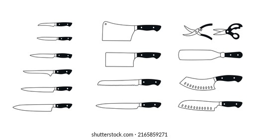 Chef knifes outline set. Vector stock illustration isolated on white background for design packaging, logo, menu in restaurant. EPS10