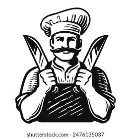 Chef with knives. Butcher shop logo. Male cook in hat vector illustration