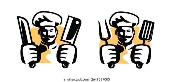 Chef with knives for cutting meat. Cook in hat and fork, spatula. Emblem for grill restaurant or barbecue menu