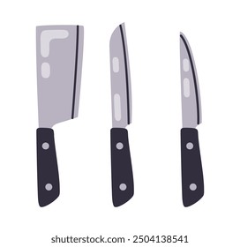 Chef knives. Kitchen cooking tools, meat and fish cutting knife flat vector illustration set. Food preparation daggers