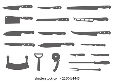 Cuchillos de chef puestos. Elementos de diseño de corte de carne de carnicero. Silhouettes de utensilios de cocina. Ilustración del vector