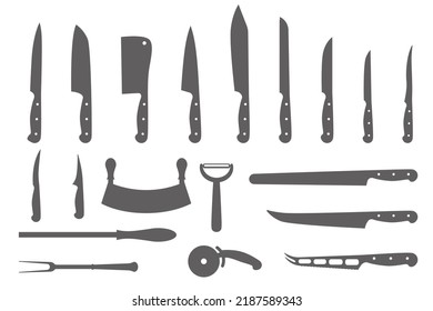 Cuchillos de chef puestos. Elementos de diseño de corte de carne de carnicero. Silhouettes de utensilios de cocina. Ilustración del vector