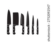 Chef knives silhouette set for packaging design, logo, menu restaurant vector illustration.