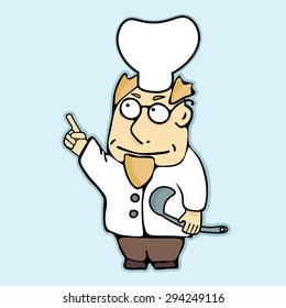 Chef with ladle in his hand pointing at important part of recipe