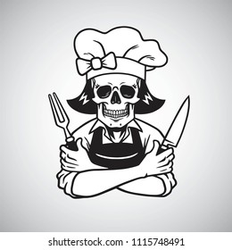 Chef Lady Dead Skull Logo Grinning with Fork, Knife, and Hat. Vector Drawing Icon